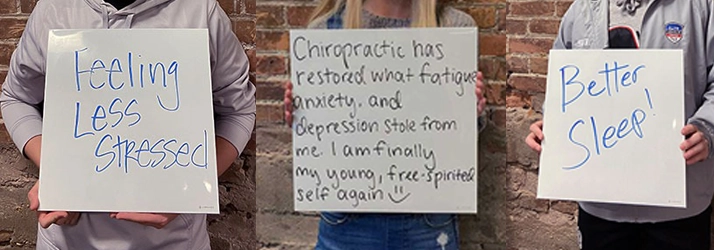 Chiropractic Lakeville MN Mental Health Hero People holding signs with phrases like: "Better sleep" and "Feeling Less Stressed"